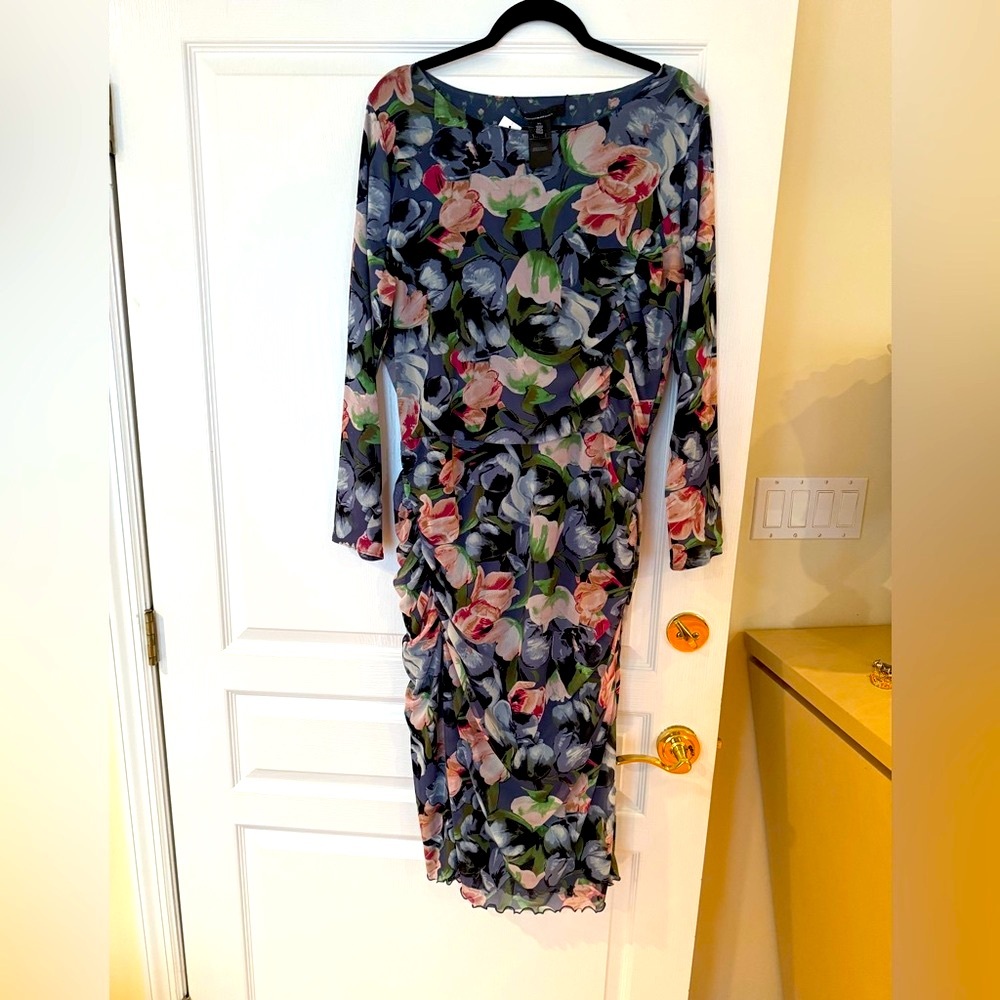 White House Black Market Floral Midi Dress - Blue and Pink